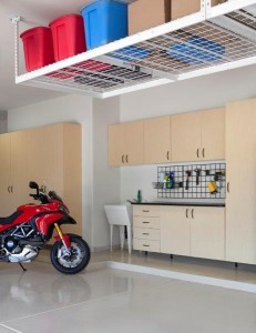 Maple Cabinets-Ebony Star Workbench-Overhead Storage-motorcycle-angle 2012