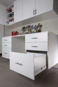 White Workbench with Drawers and Upper Cab Open