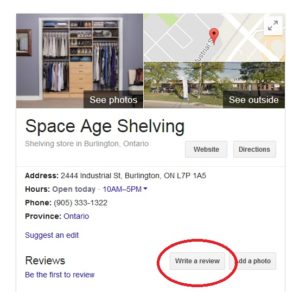 Google business listing for Space Age Shelving